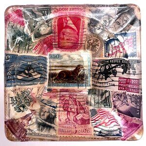 Vintage Decoupage Postage Stamps Square Tobacco Ashtray Republic De Venezuela US